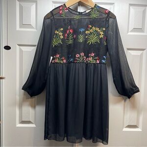 Reina Diaz Black Mesh Floral Embroidered Dress Long Sheer Sleeve Size 13